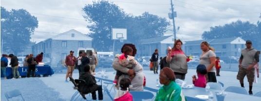 Photo of residents having fun at the burgers and baseball event outside