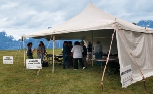 Burgers and Baseball Event - residents outside under big white tent