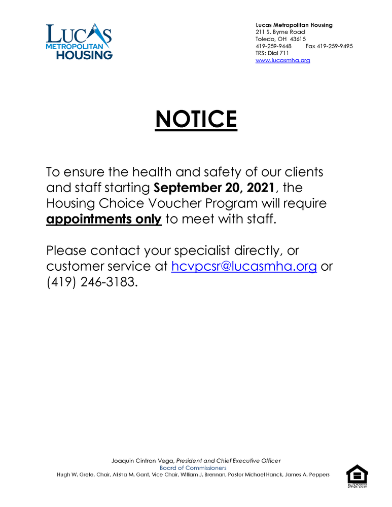 HCVP Appointment Only Notice - info listed below
