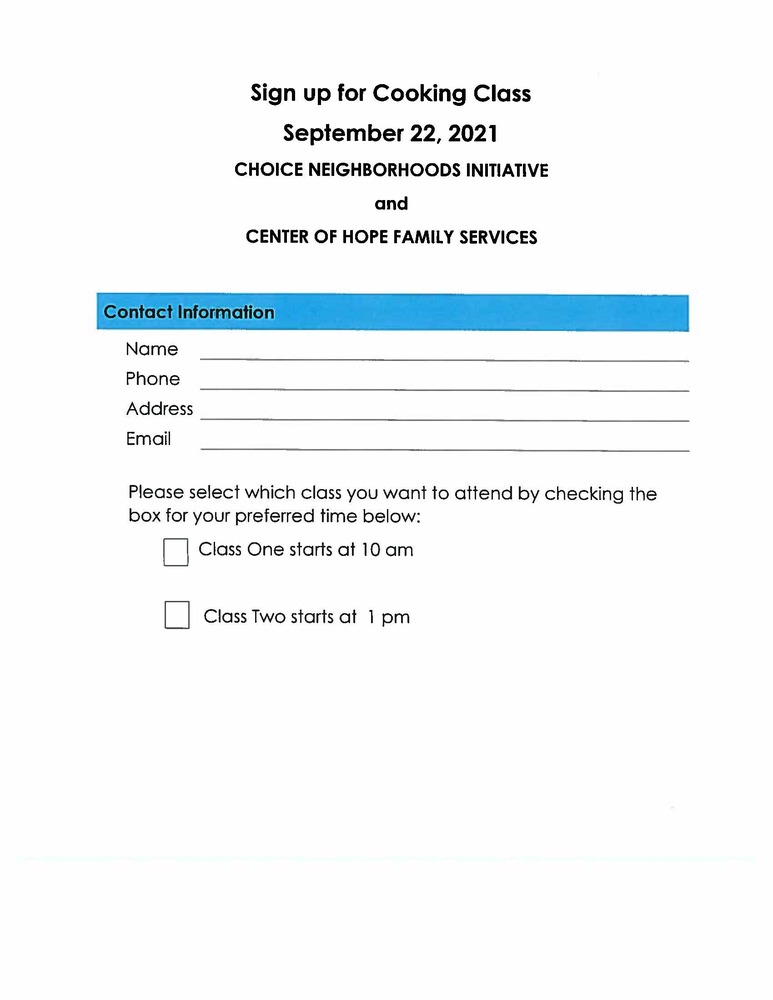 Sign up for cooking class form - sign up closed September 22, 2021