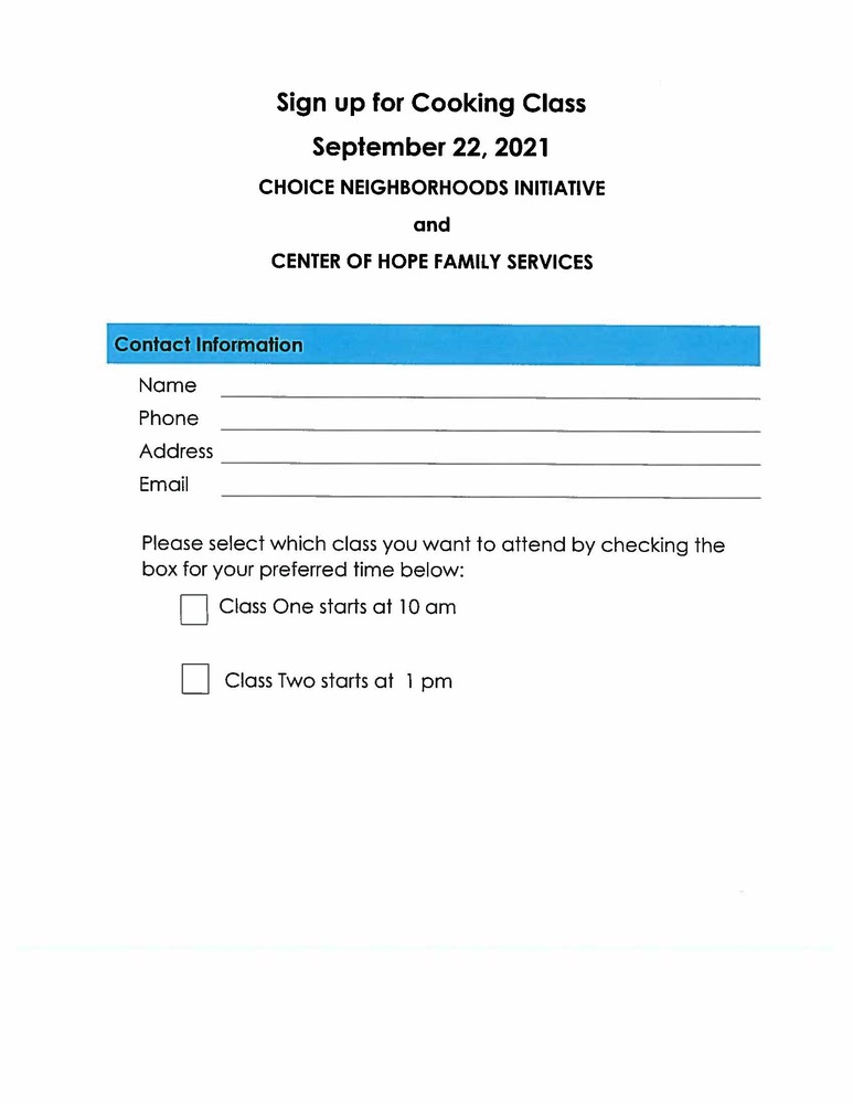Sign up for cooking class form - sign up closed September 22, 2021